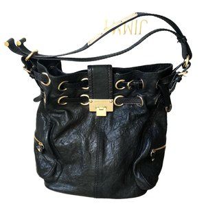 JIMMY CHOO Riki Crinkled Lambskin Black Leather Gold Grommet Detail Shoulder Bag